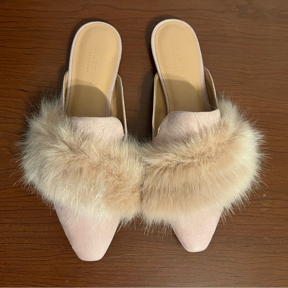 Halston Heritage Blush Fur-Trimmed Mules